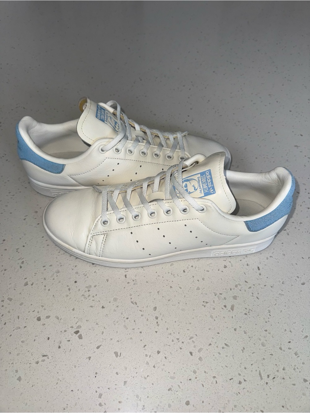 Adidas Stan Smith White Leather Sneakers with Light Blue Heel Tabs